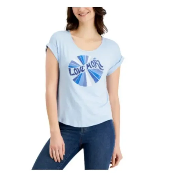 STYLE & COMPANY Womens Blue Printed Cap Sleeve Scoop Neck T-Shirt Petites PS - Picture 1 of 1